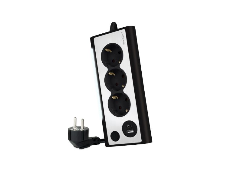 Regleta Sobremesa 3 Tomas 2xusb Con Luz Negro Nanocable