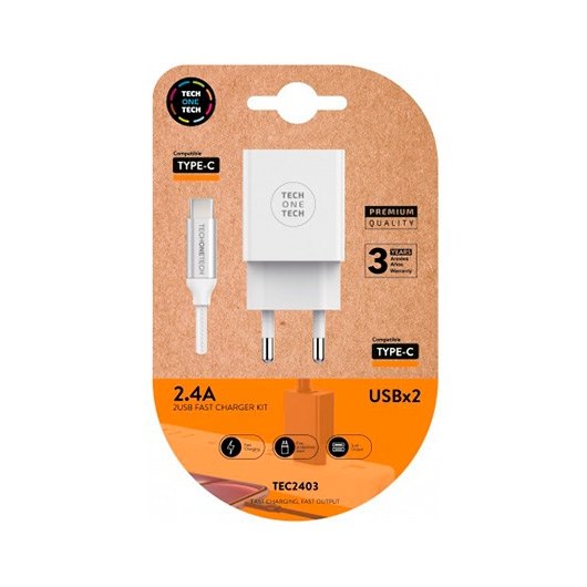 Cargador Doble Cable Usb C Tech One Tech Blanco