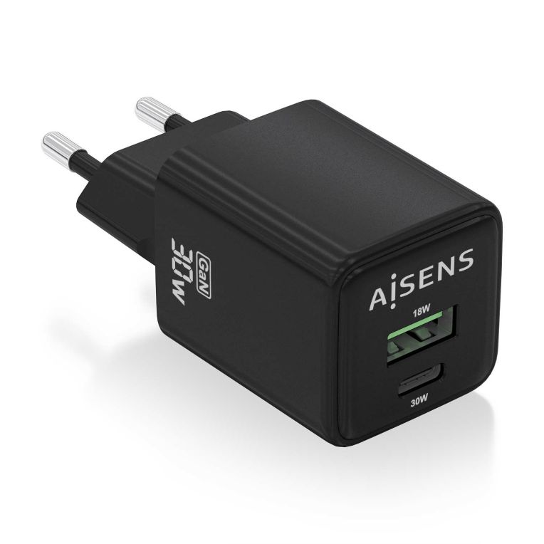 CARGADOR AISENS GAN 30W 1XUSB C PD30 QC40 1XUSB A QC30 NEGRO