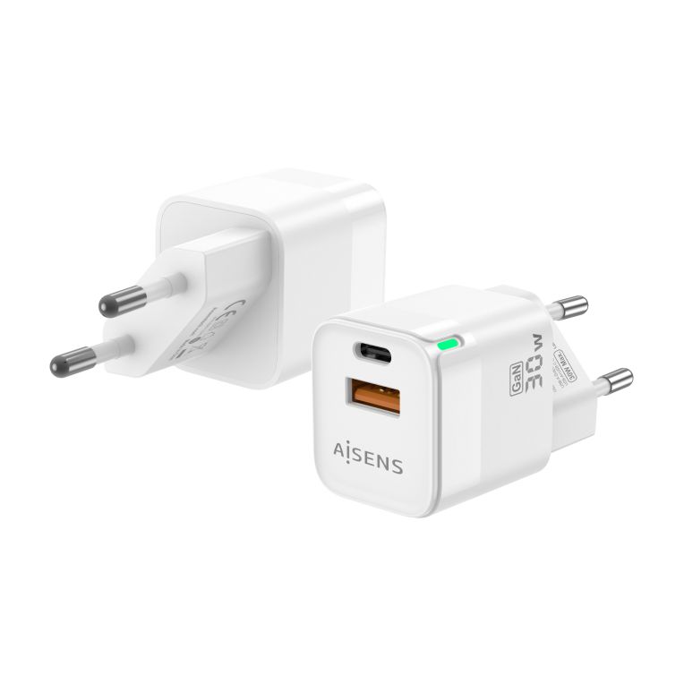 Cargador Gan Aisens 30w 1xusb C Pd30 Qc40 1xusb A Qc30 Blanco