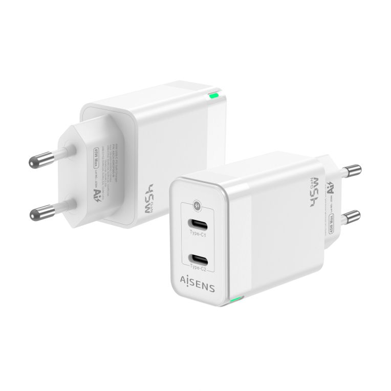 Cargador Gan Aisens 45w 2xusb C Pd30 Qc40 Blanco