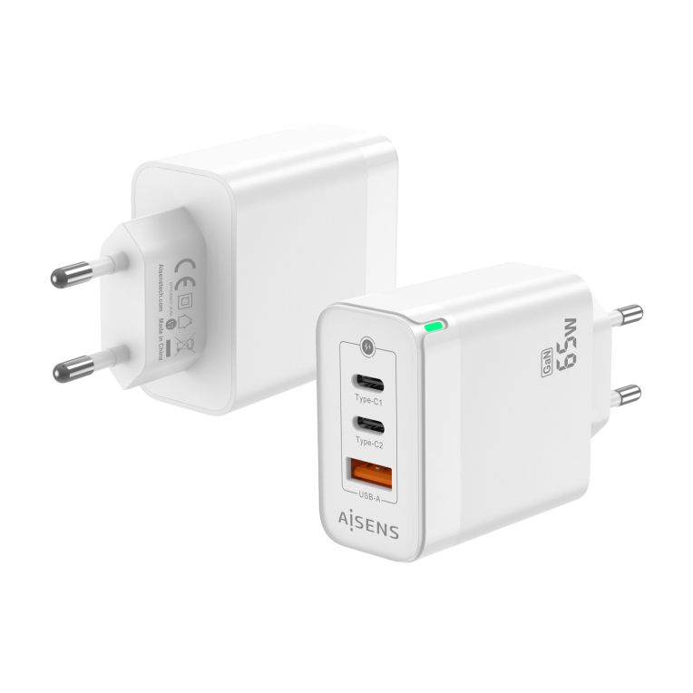 Cargador Gan Aisens 65w 2xusb C Pd30 Qc40 1xusb A Qc30 Blanco