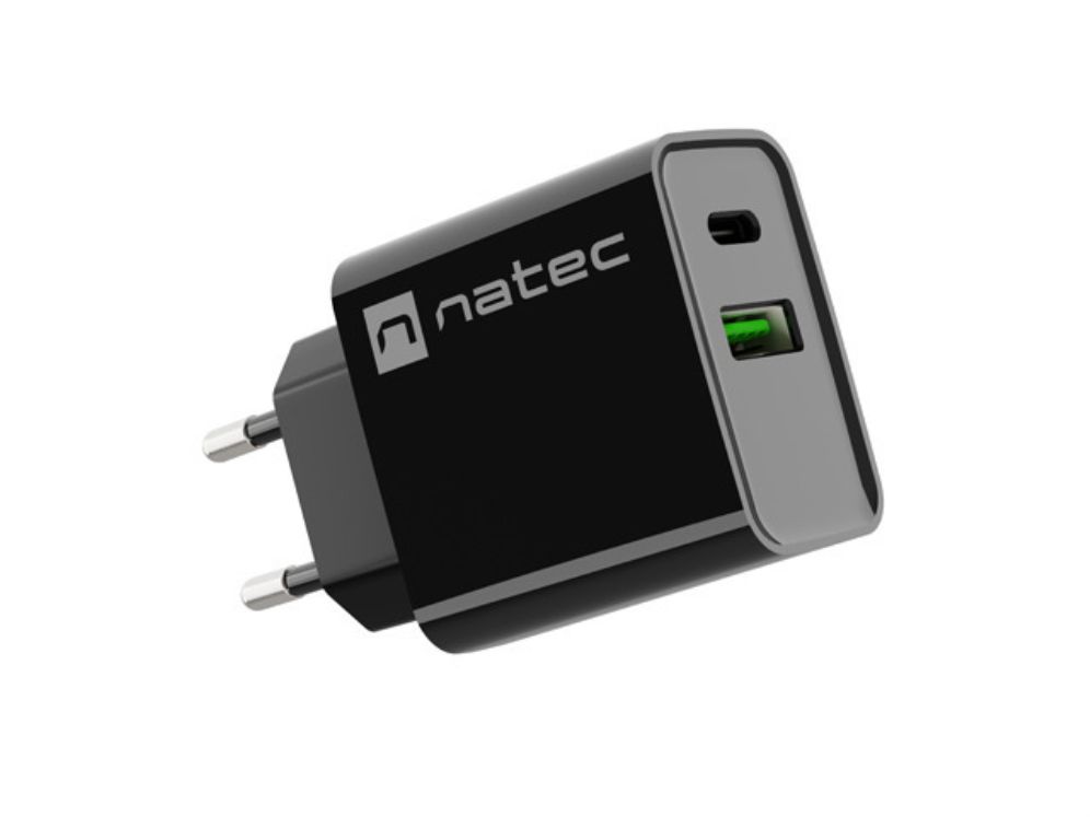 Cargador Natec Ribera 20w 1xusb A  1xusb C Pd30 Qc30 Negro