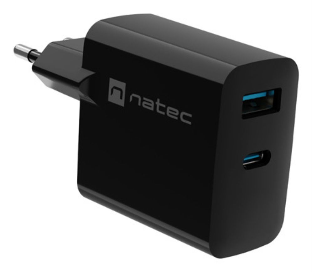 CARGADOR NATEC RIBERA GAN 45W PD30 QC30 1XUSB A  1XUSB C NEGRO