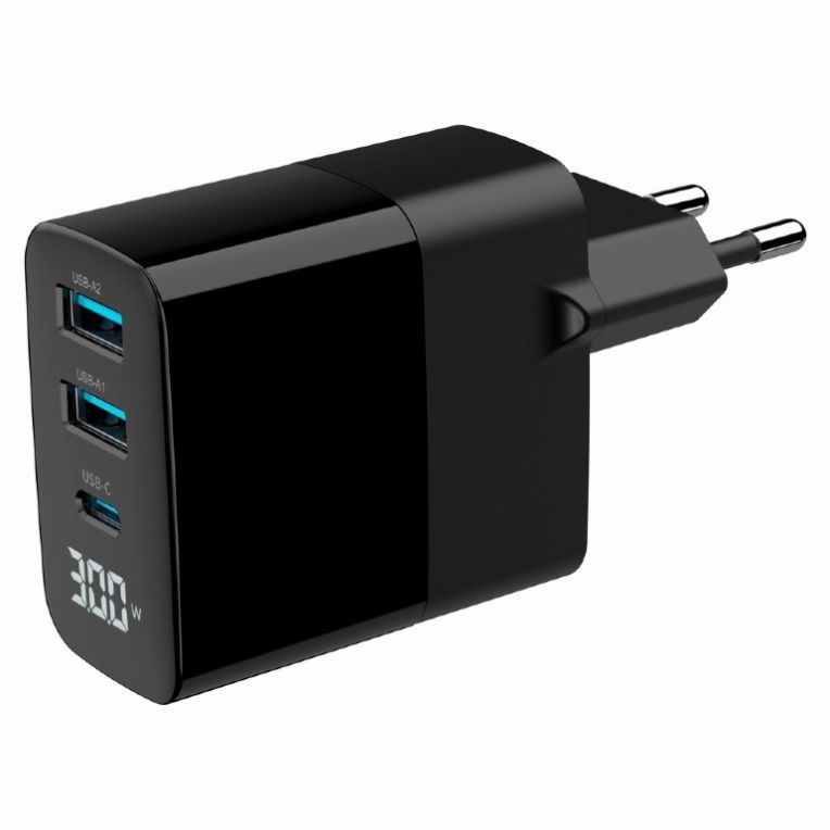 CARGADOR RAPIDO USB GEMBIRD GAN DE 3 PUERTOS Y 30 W LCD NEGRO