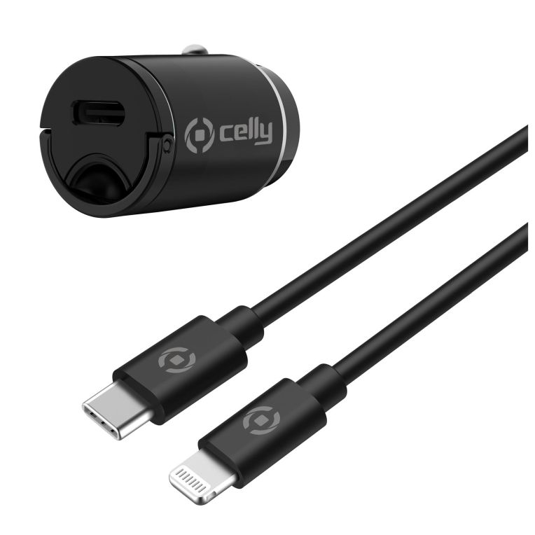 CELLY KIT CARGADOR COCHE CABLE USBC A LIGHTNING 20W PROPOWER NEGRO