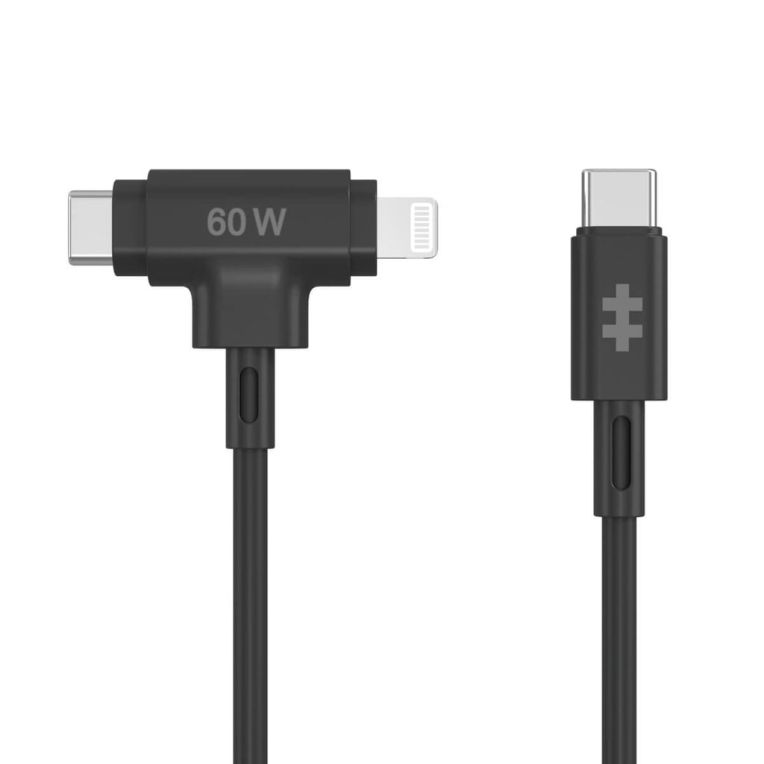 HYPER SILICONE USB C TO USB C AND LIGHTNING HYBRID 60W CABLE  BLACK