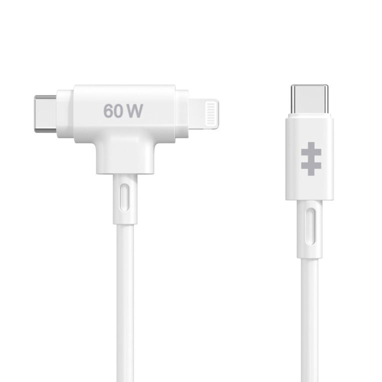HYPER SILICONE USB C TO USB C AND LIGHTNING HYBRID 60W CABLE  WHITE