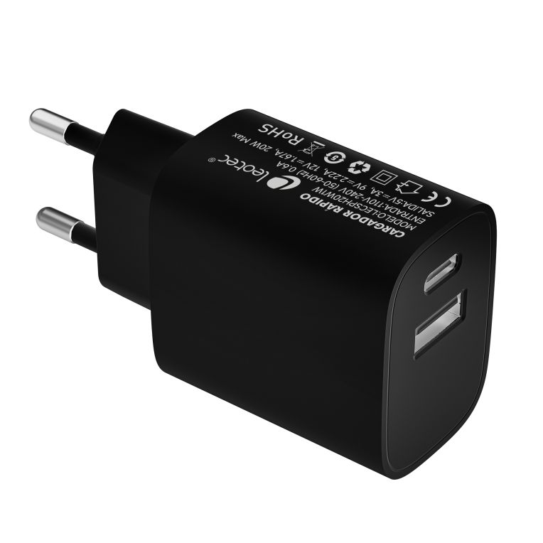 Leotec Cargador 20w Carga Rapida 1 Usb Tipo C Pd 1 Usb A Negro