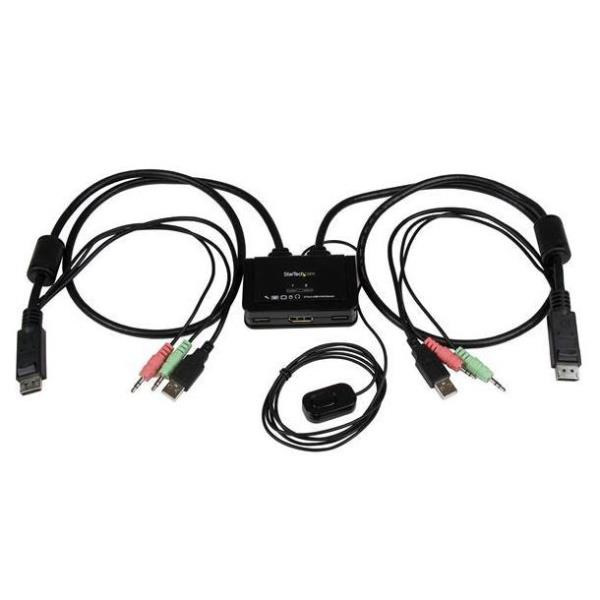 Startechcom Conmutador Switch Kvm 2 Puertos Displayport Dp Usb Audio Con Cables Integrados 1080p