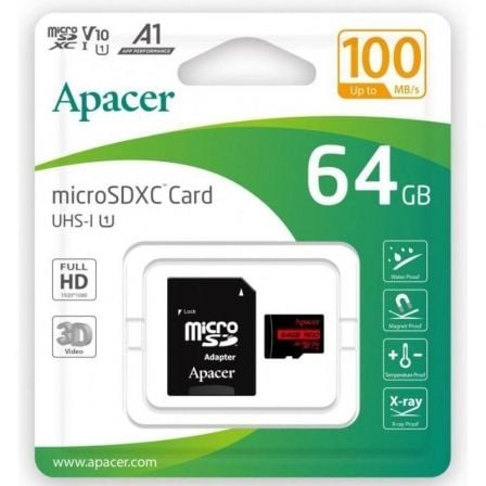 Tarjeta de Memoria Apacer 64GB XC UHS 1 con Adaptador AP64GMCSX10UB R